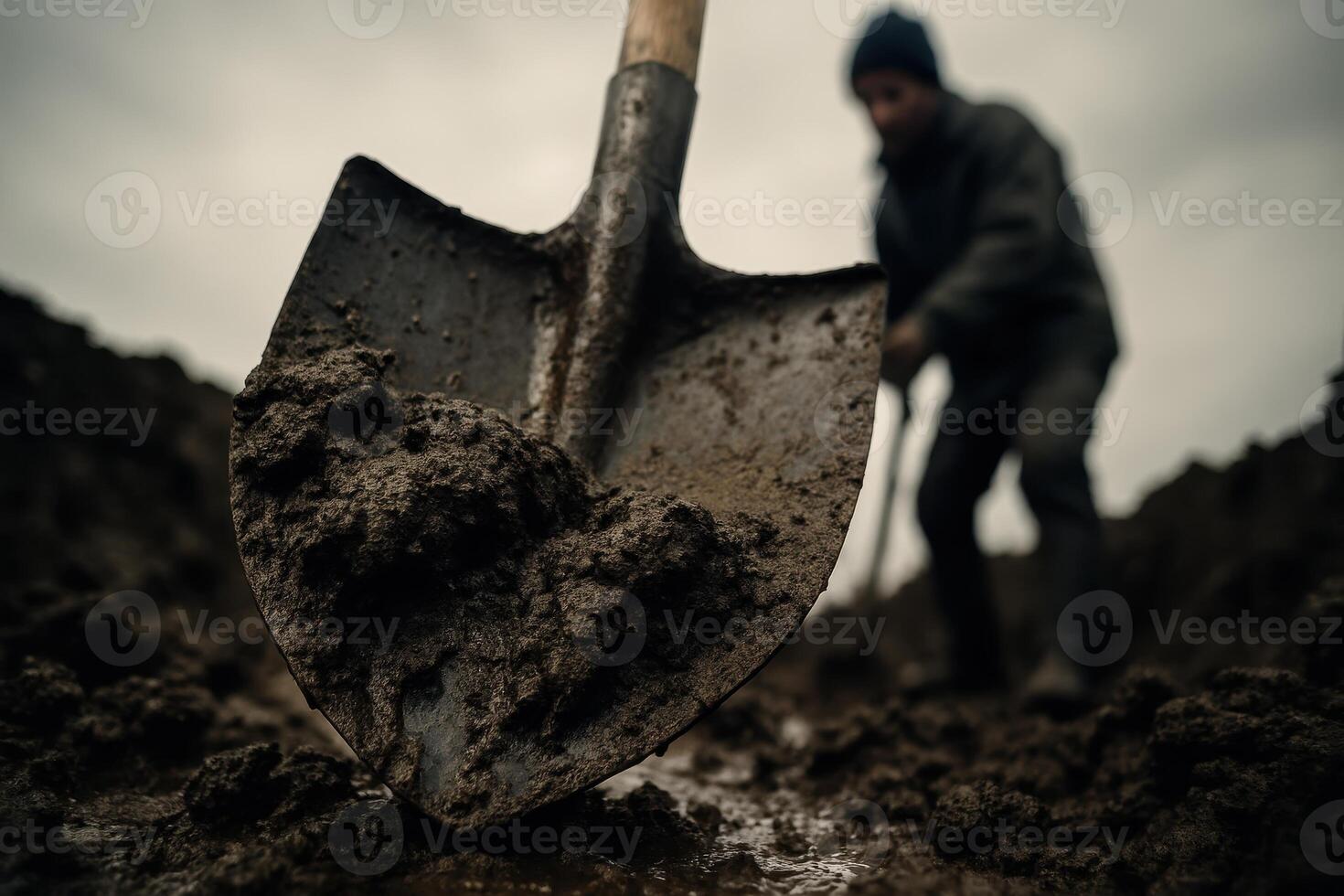 Close up of a metal shovel digging into wet muddy earth with a worker in the background photo