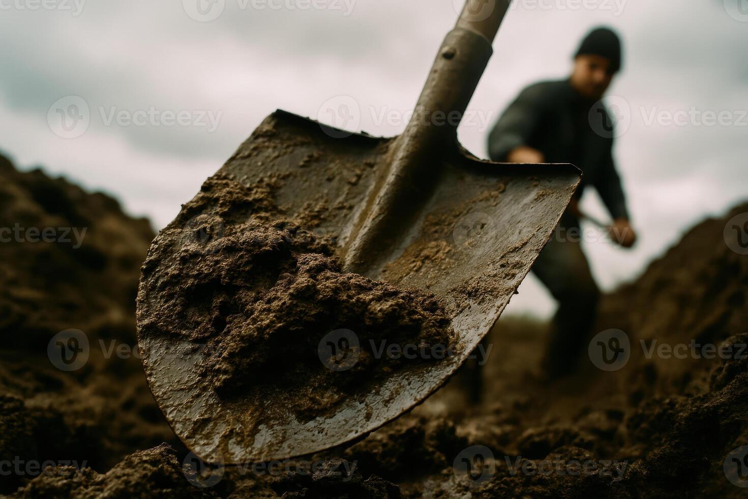 Close up of a dirty shovel digging into wet, muddy earth with a man working photo