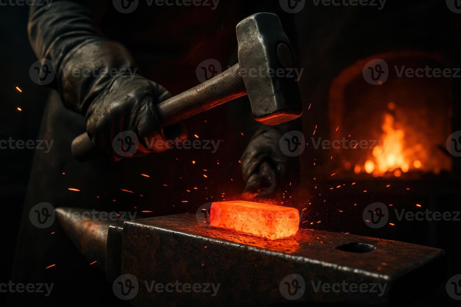 Blacksmith gloved hand striking glowing hot metal on an anvil with a hammer in a dark forge photo