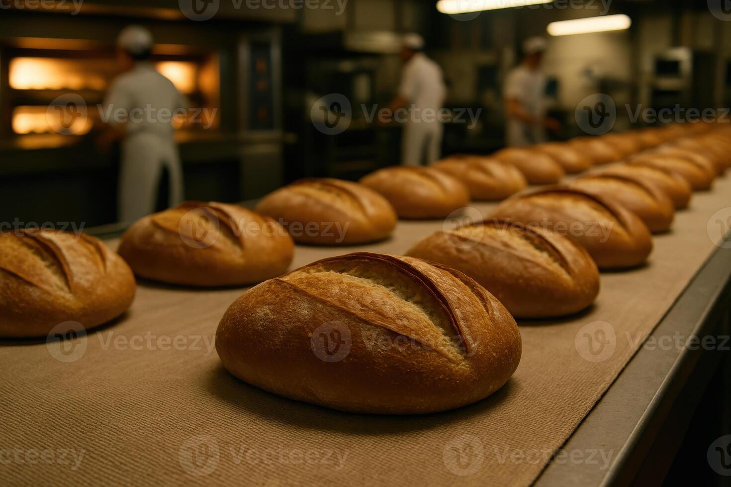 Freshly baked golden brown artisanal bread loaves on a conveyor belt in a modern bakery. photo