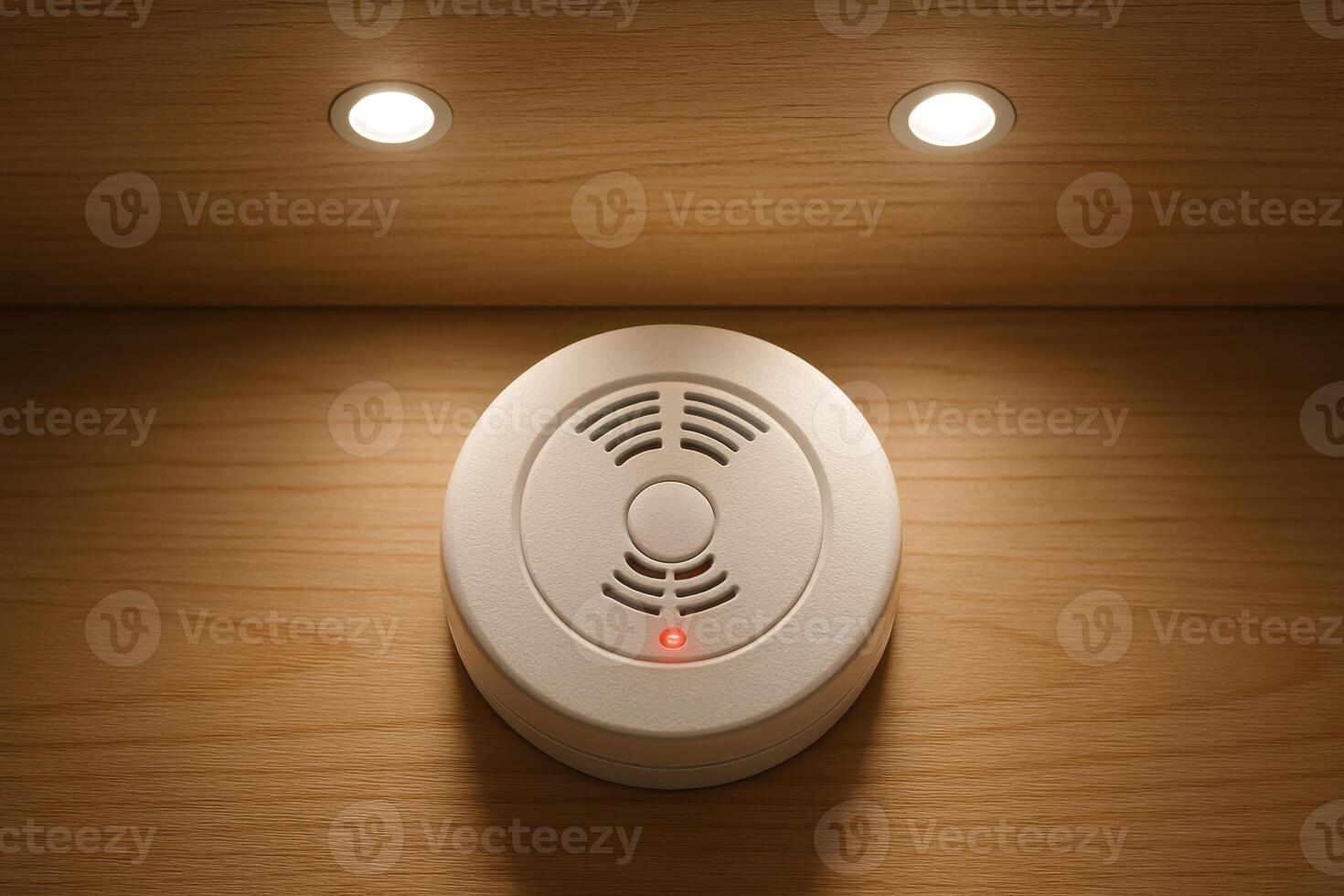 A modern white circular smoke detector with a red indicator light on a wooden ceiling. photo