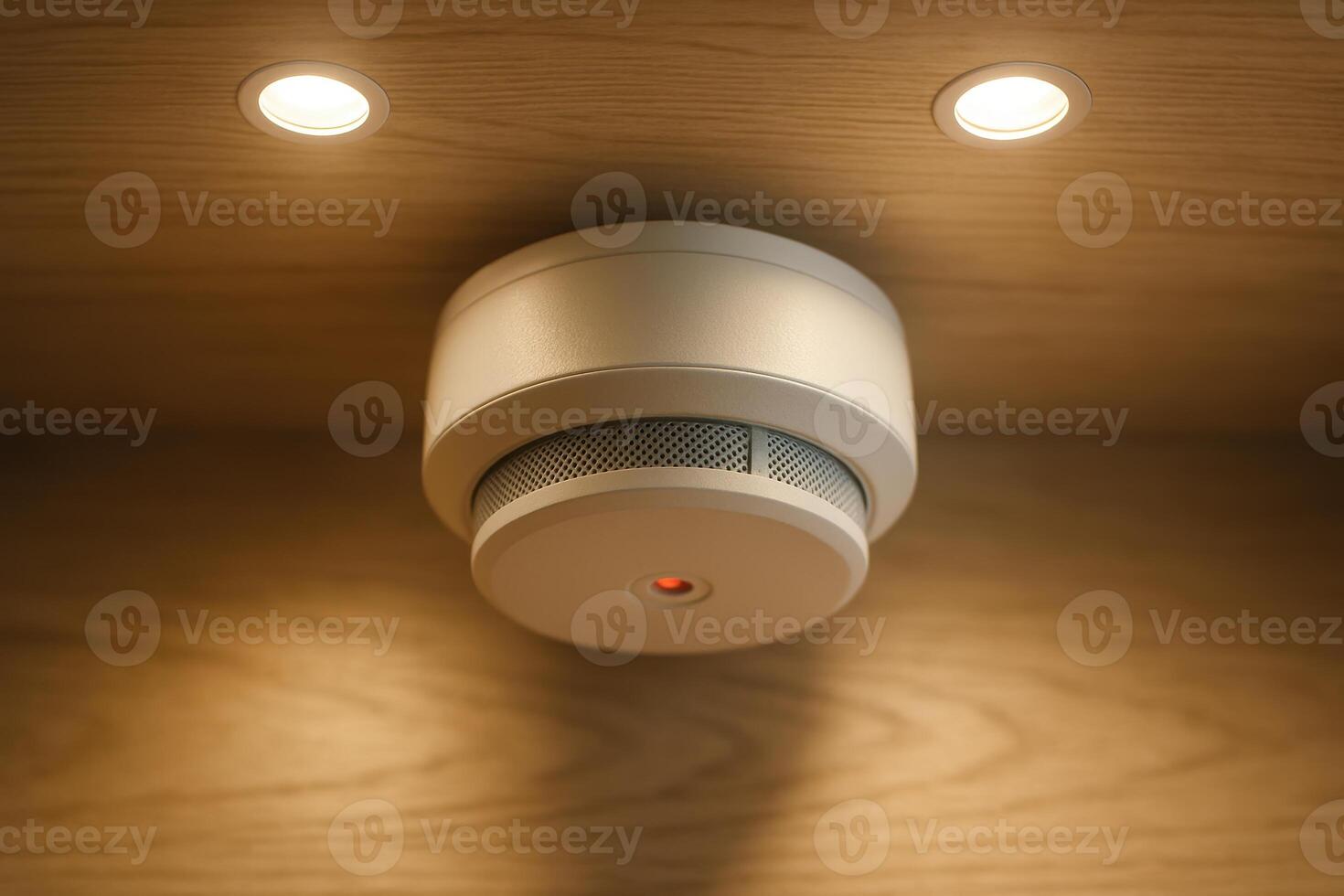 Modern white smoke detector with red indicator light on light wooden ceiling photo