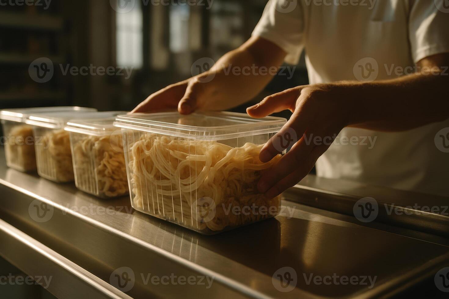 Chef packaging fresh artisanal pasta in clear containers on a stainless steel conveyor belt photo