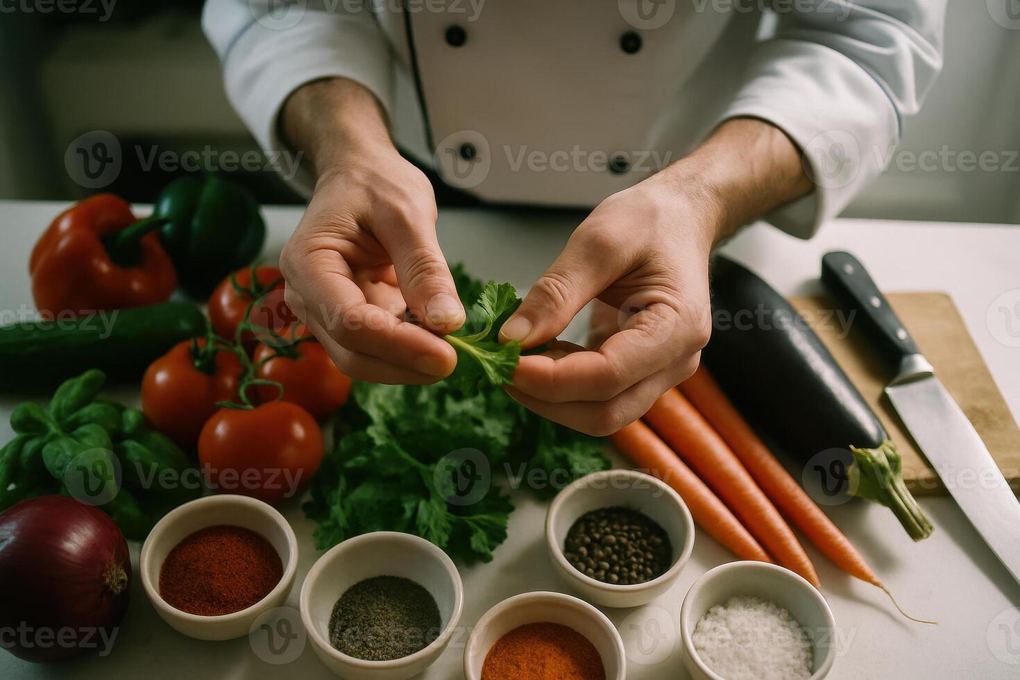 Chef hands selecting fresh green herbs among vibrant vegetables and spices on a kitchen counter. photo