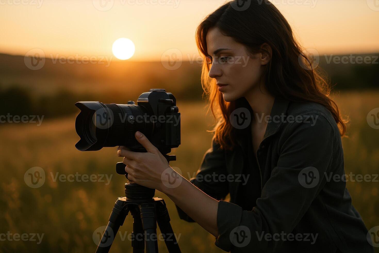 Young woman setting up high end professional camera on tripod in scenic field at golden hour photo