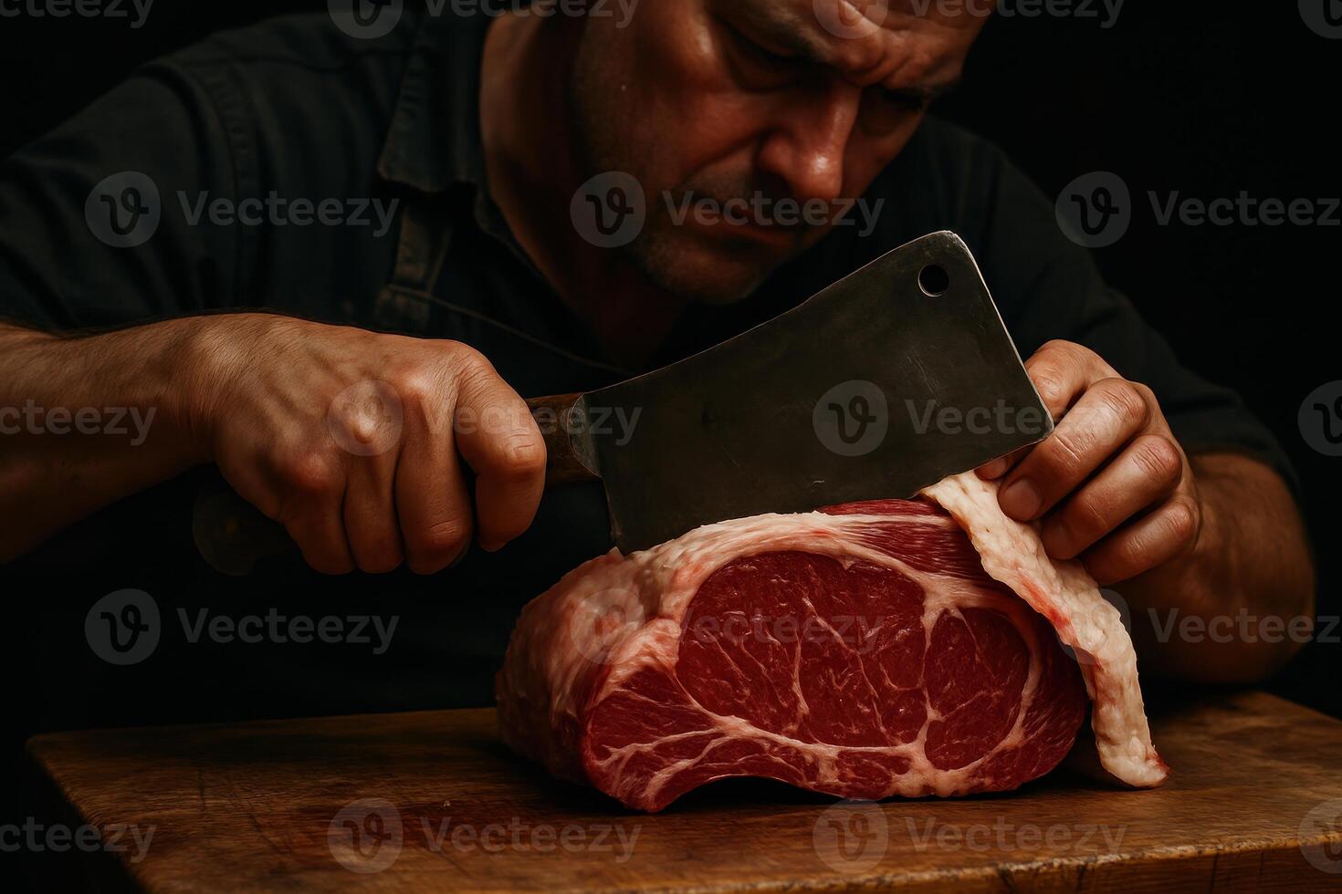 Skilled butcher meticulously trimming a prime cut of fresh red beef with a sharp cleaver on a wooden board photo
