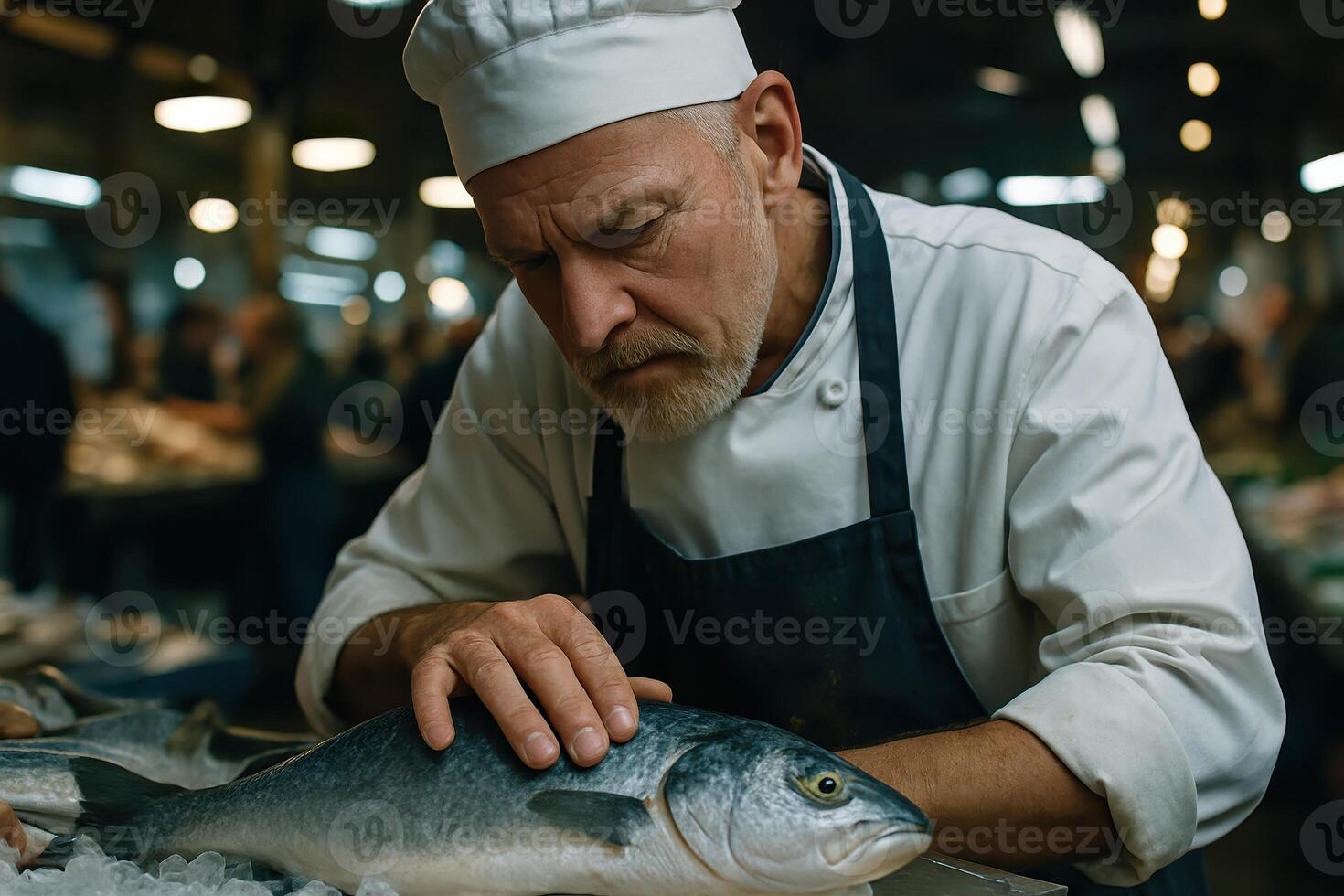 Experienced chef inspecting fresh fish on ice at a traditional fish market photo