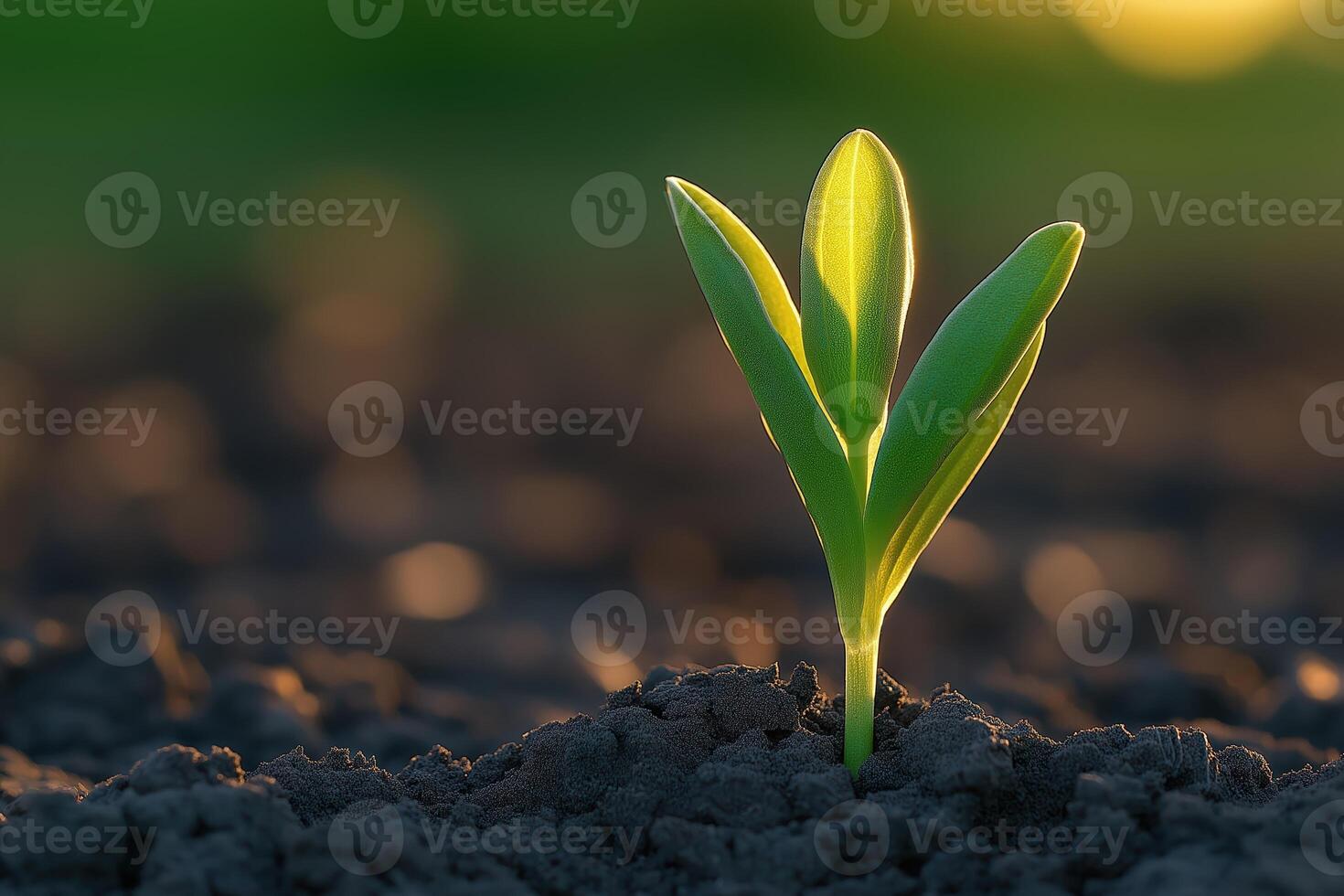 Young plant growing in fertile soil at sunset, showing growth and potential photo