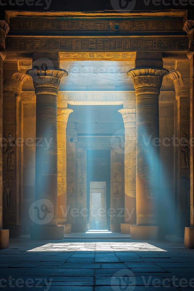 Sunbeams illuminating egyptian temple interior with columns and hieroglyphics photo