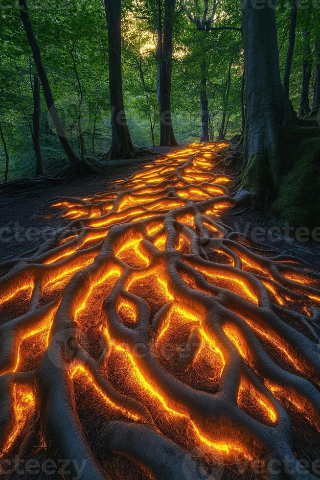 Glowing roots lighting a forest path at sunset photo