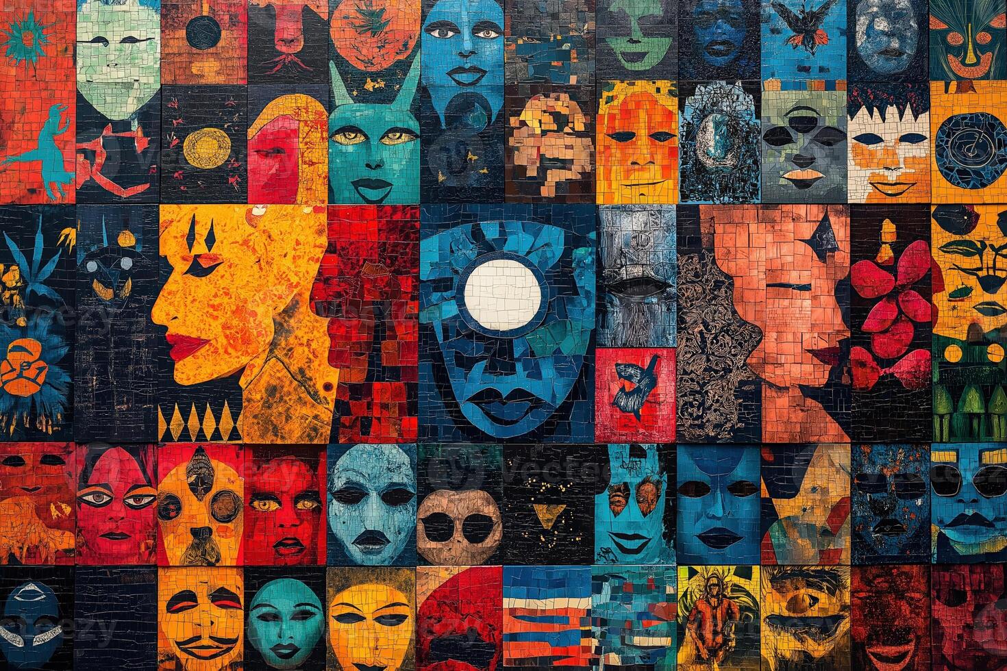 Colorful mosaic wall exhibiting artistic faces and symbolic imagery promoting growth photo