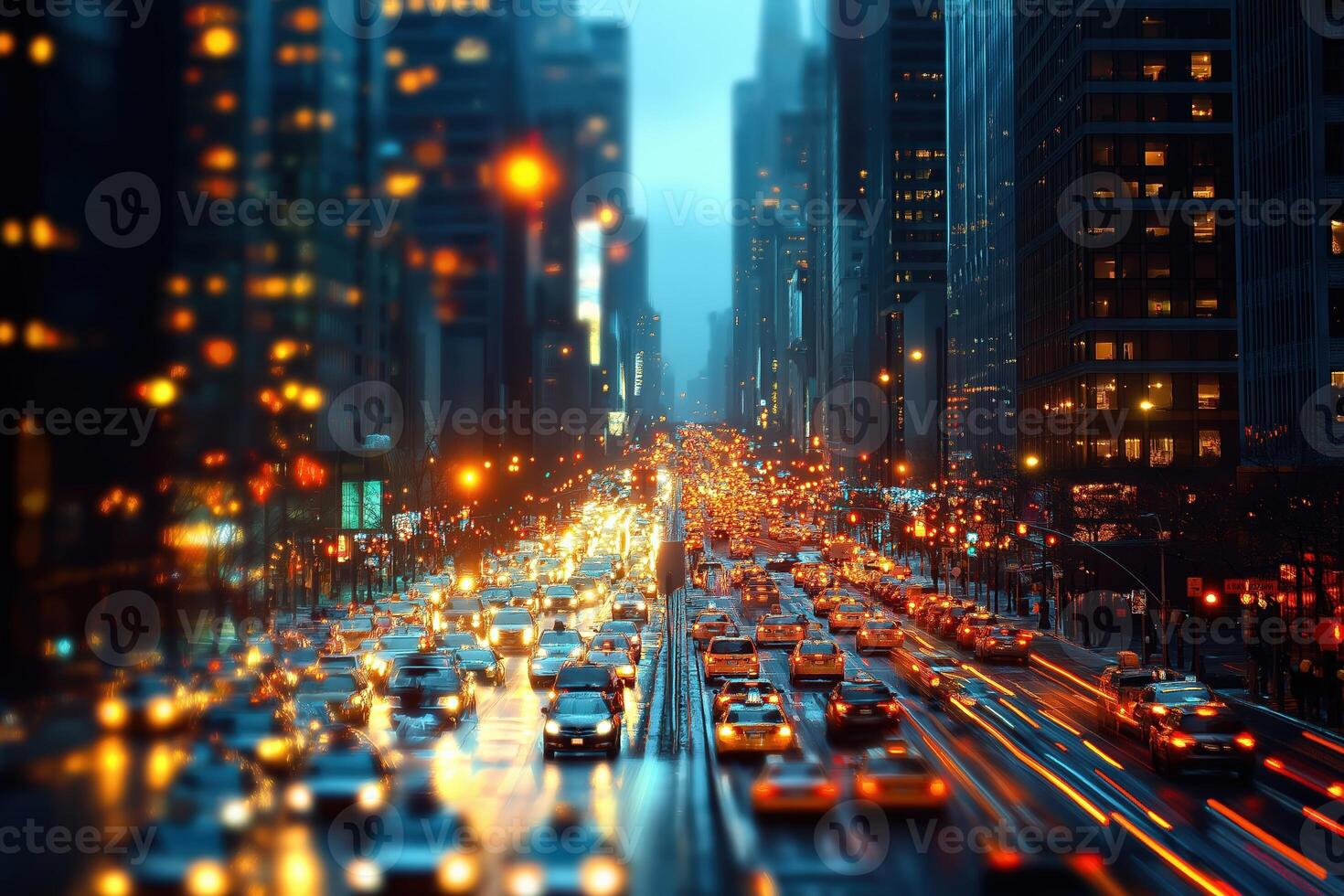 Growing traffic jam in rainy new york city at dusk photo