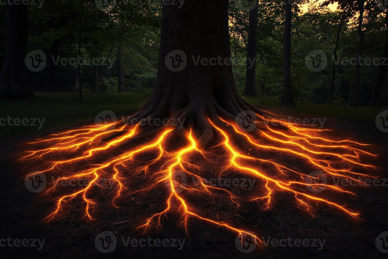 Glowing roots of a large tree growing in a dark forest at sunset photo