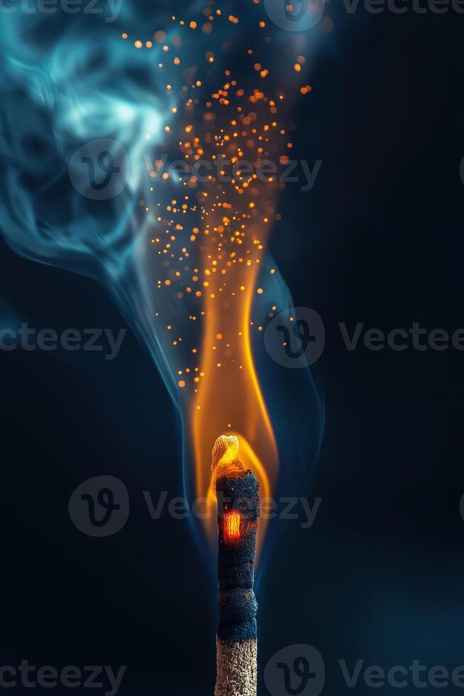 Burning match with sparks and smoke creating a dynamic scene photo