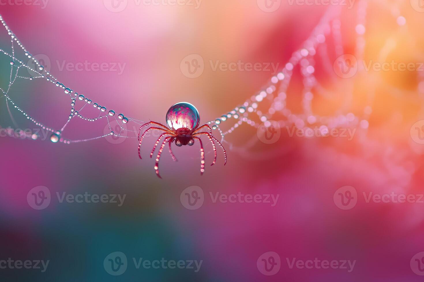 Tiny spider walking on wet spiderweb with dew drops on colorful background photo