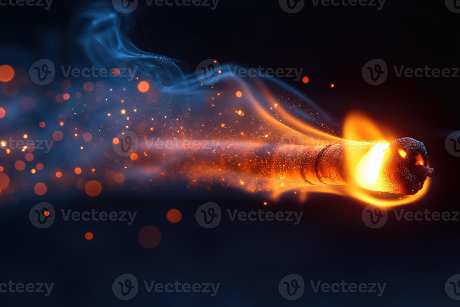 Burning fuse flying through air with sparks and smoke photo