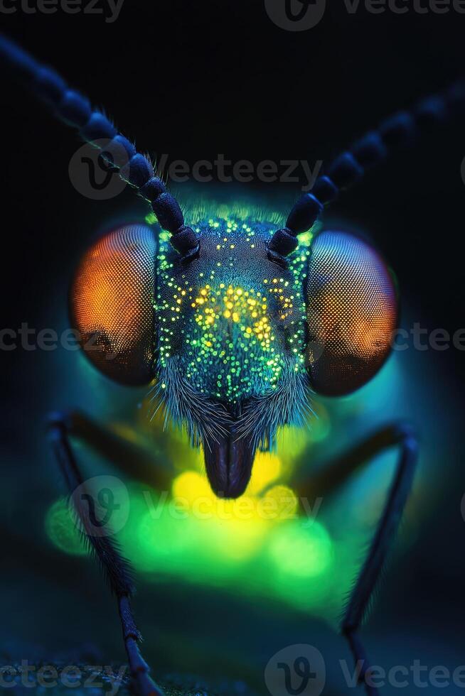 Cuckoo wasp showing iridescent exoskeleton and glowing bioluminescence photo