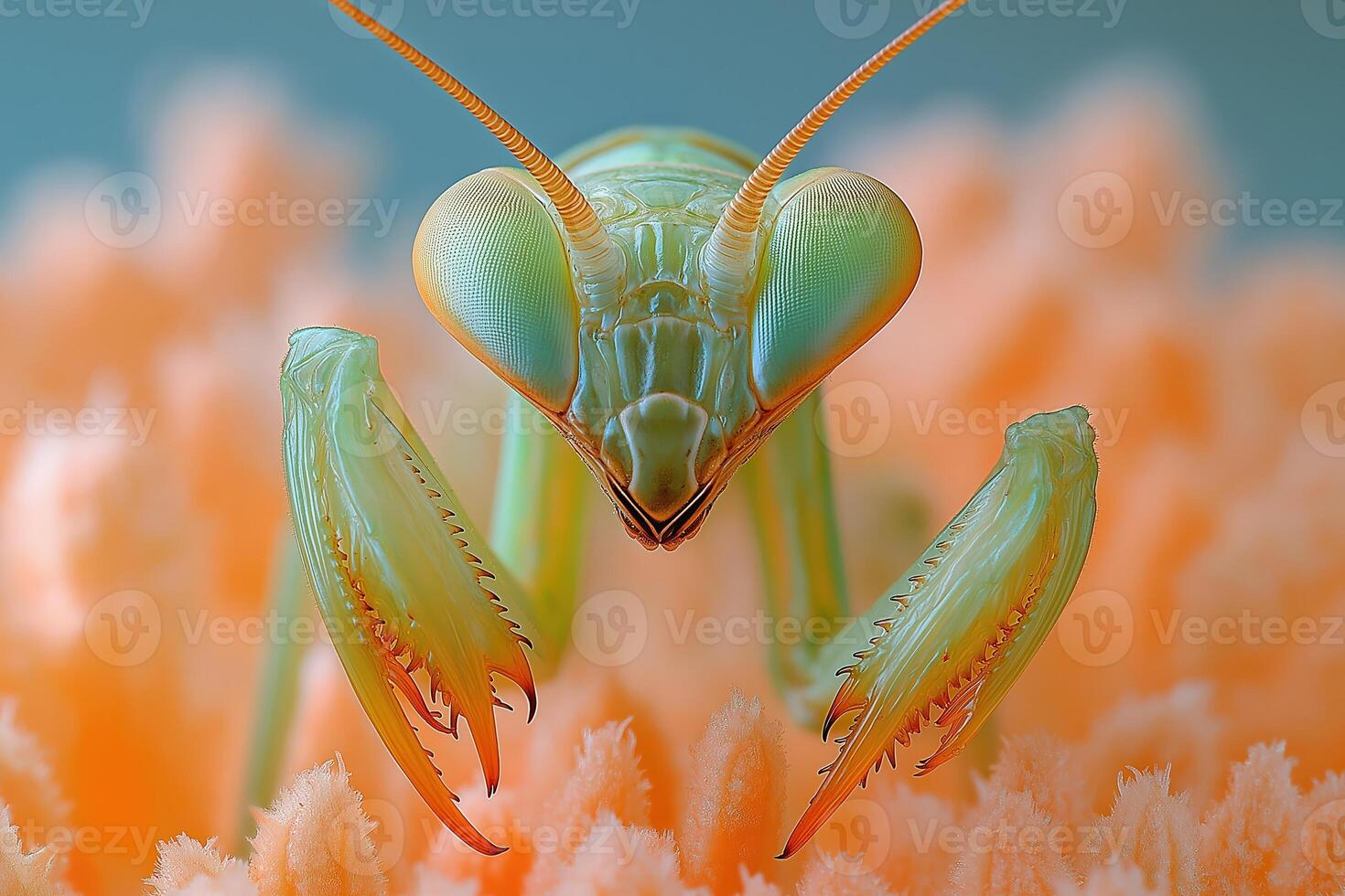 Praying mantis showing its forelegs on orange background photo