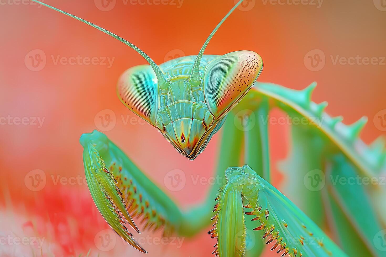 Praying mantis posing on colorful background, extreme close-up view photo