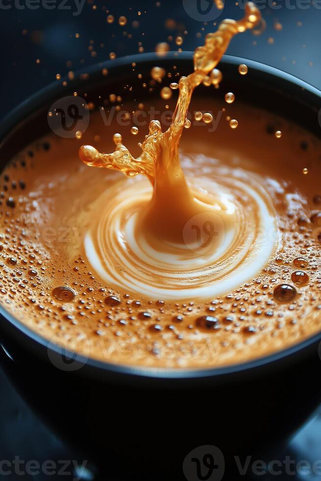 Coffee splashing into a cup of latte art creating bubbles photo