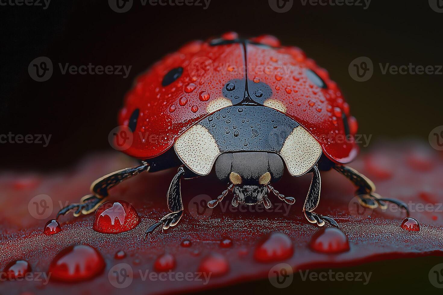 Ladybug walking on wet leaf in close-up view photo