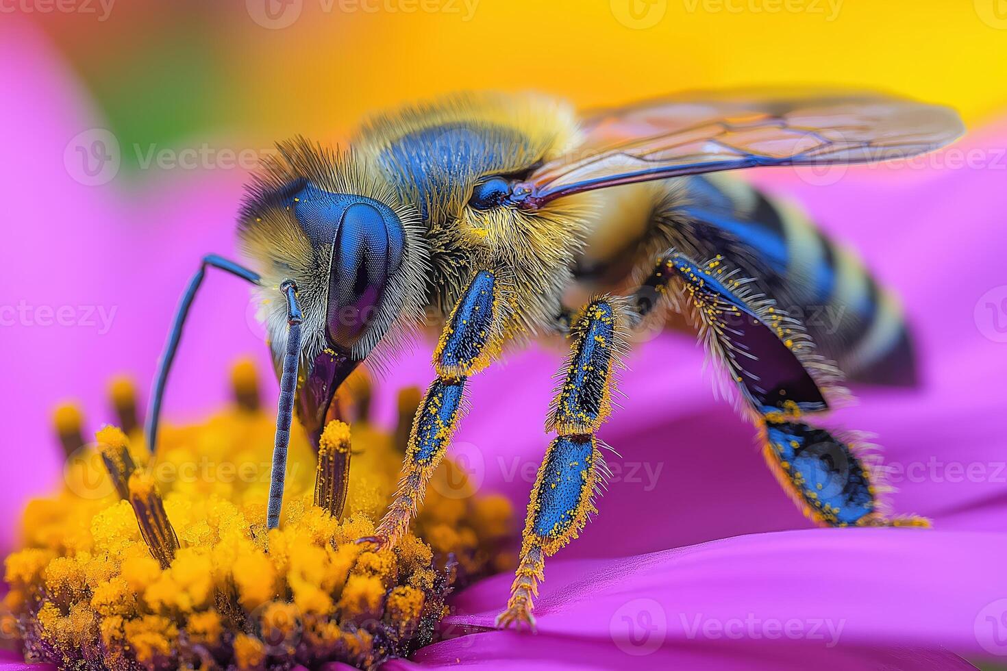 Blue banded bee gathering pollen on purple flower photo