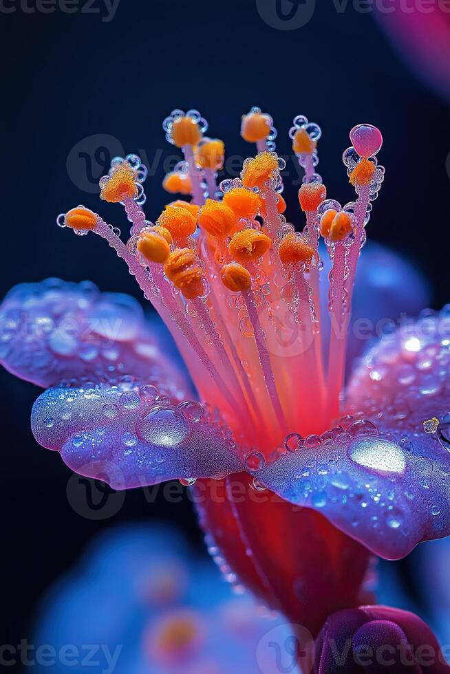 Vibrant flower showing stamens covered in dew drops photo