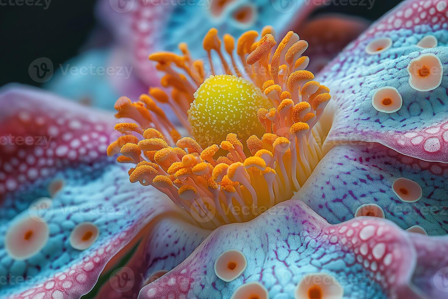 Colorful flower showing pistil, stamen, and petals in macro photography photo