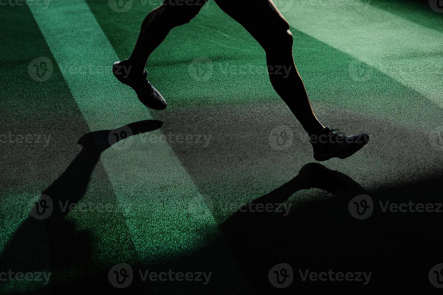 Athlete running on green turf casts a long shadow during training photo