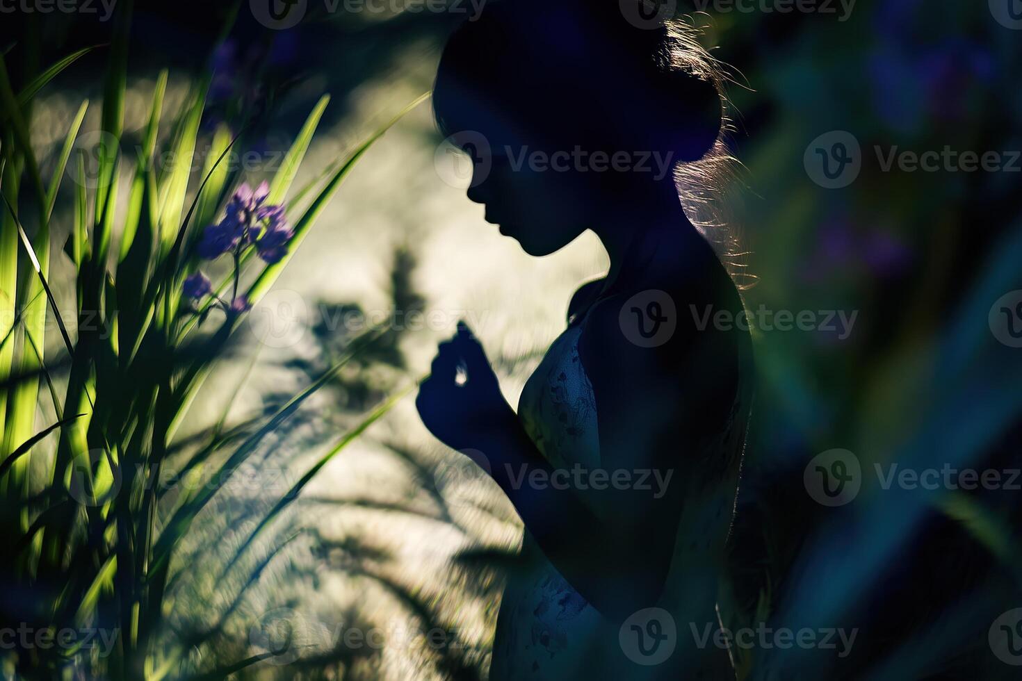 Little girl exploring nature, observing plants in magical garden photo