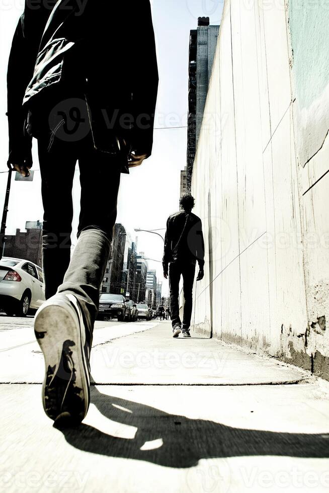 Students walking on city sidewalk toward university campus photo