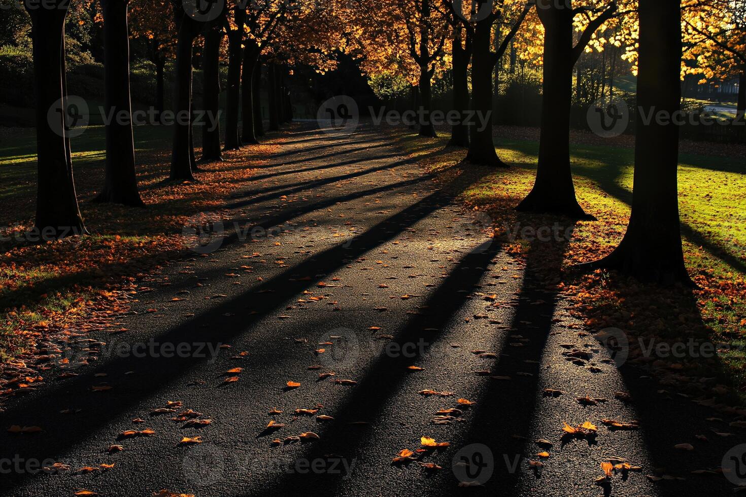 Long shadows stretching down autumn tree lined avenue photo