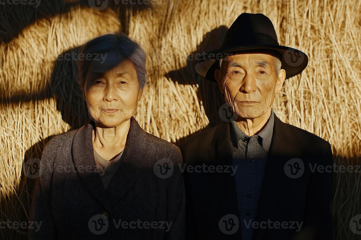 Elderly couple posing in front of hay bale at sunset photo