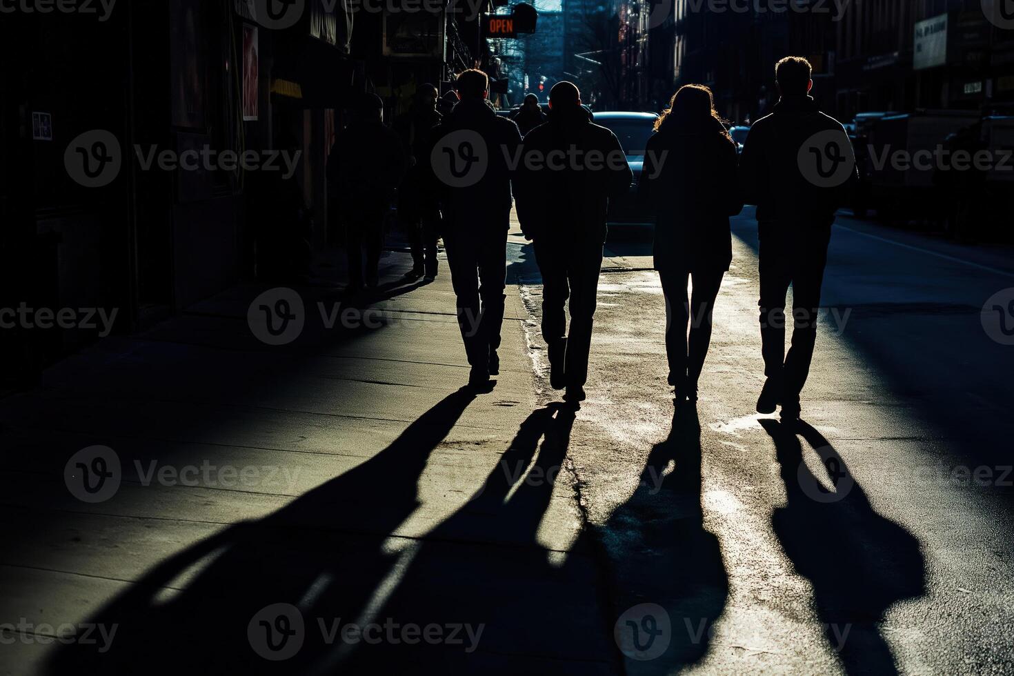 Four people walking down city sidewalk casting long shadows photo