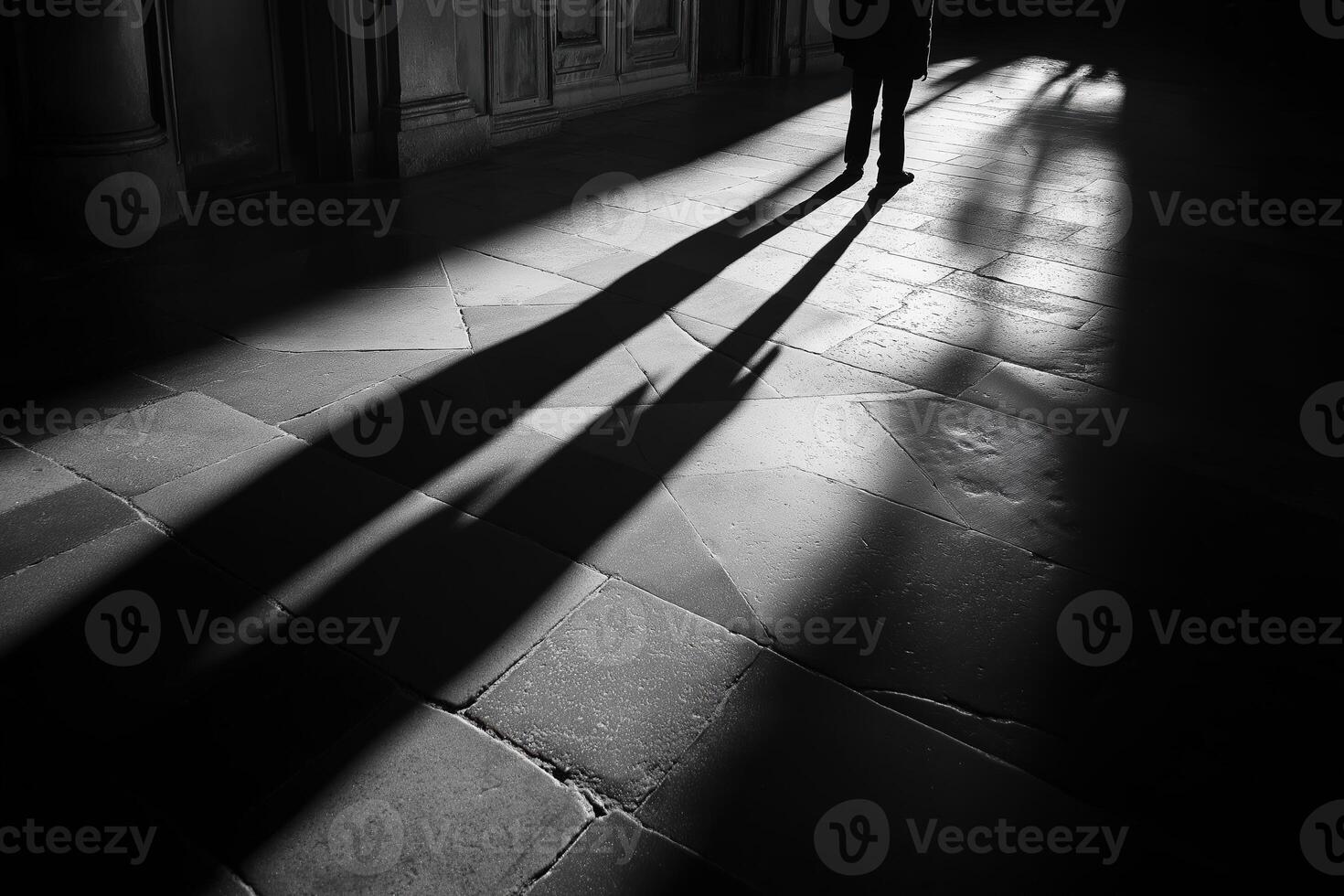 Long shadow stretching across stone floor in black and white photo