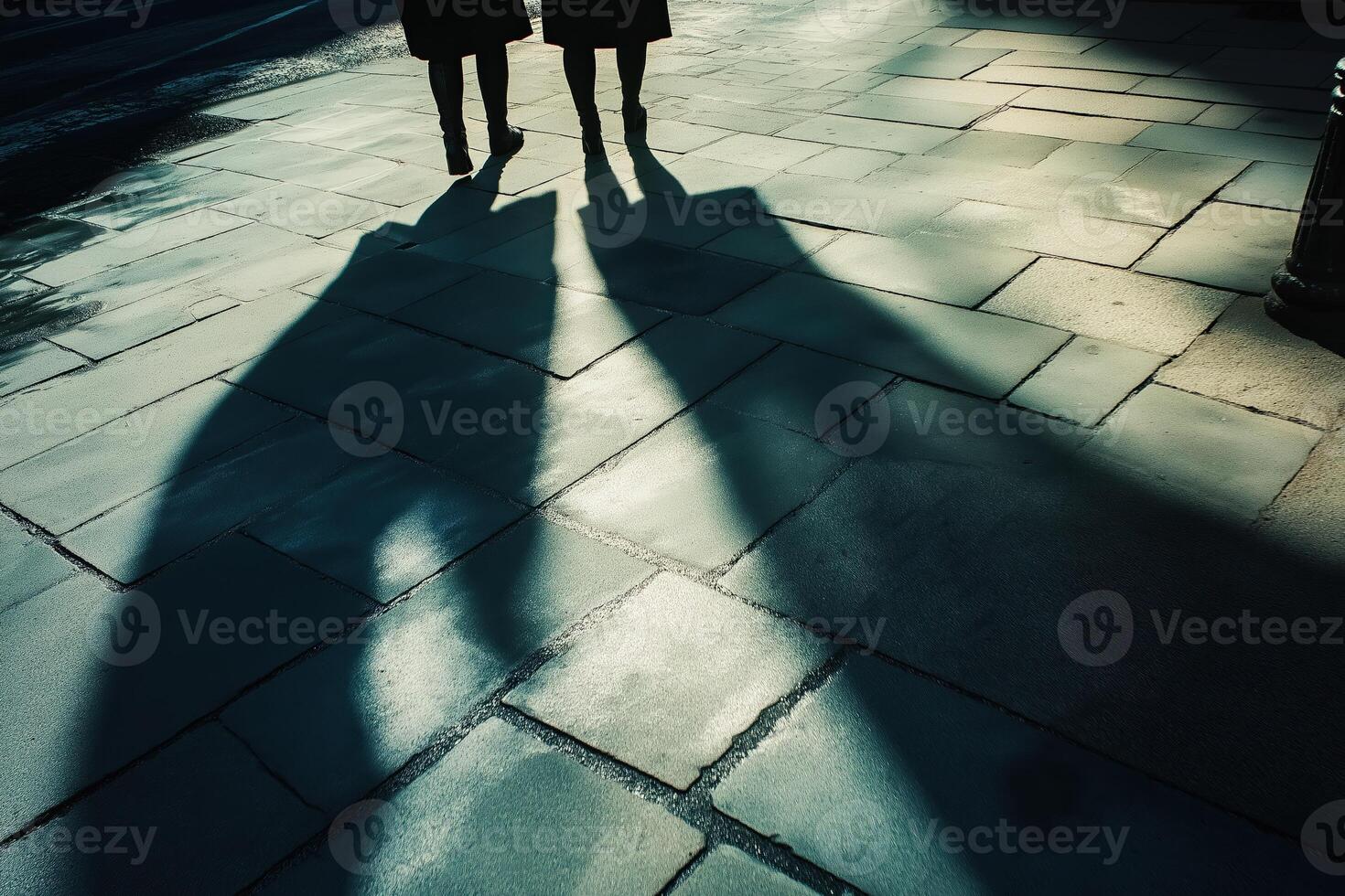 Two women projecting long shadows on city sidewalk photo
