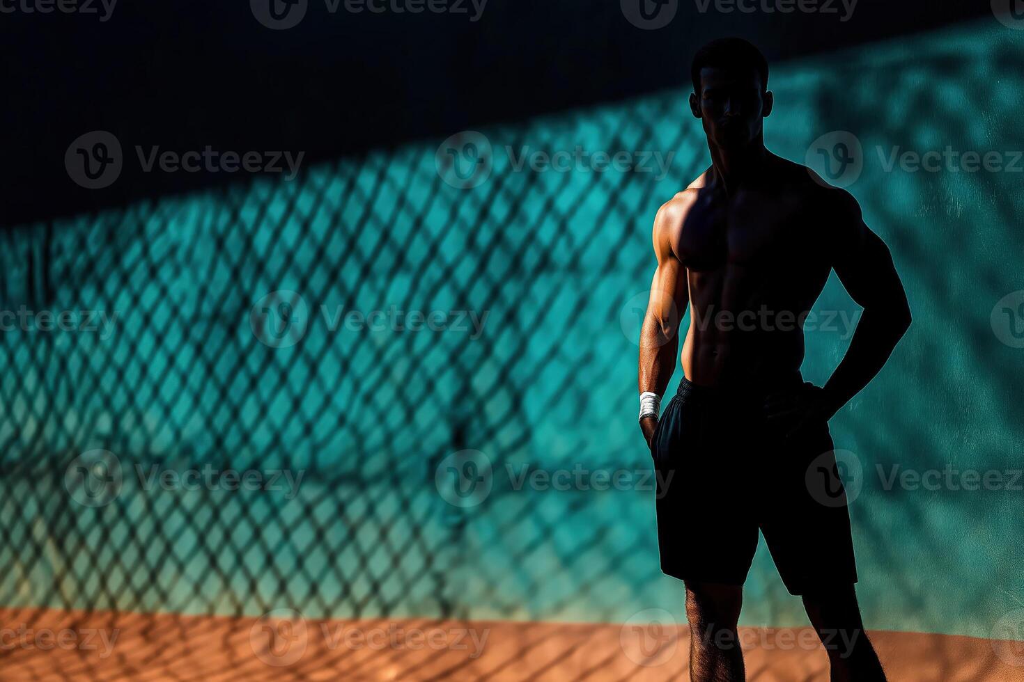 Muscular athlete posing in urban environment with metal mesh fence photo