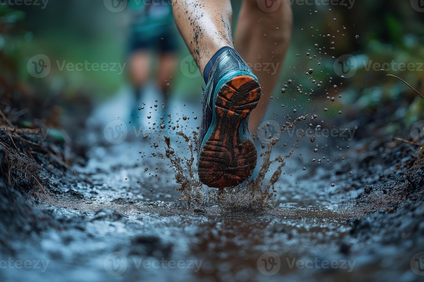 Trail running shoes splashing mud and water photo