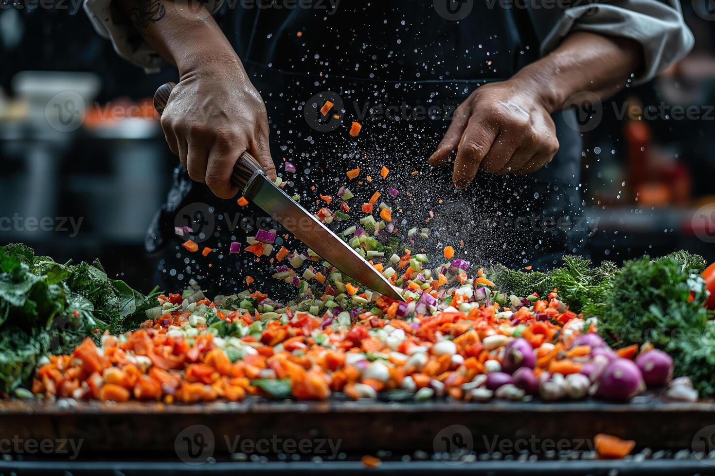 Chef in Full Swing Chopping Colorful Vegetables with Speed photo
