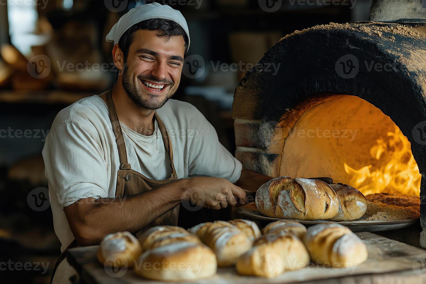Freshly Baked Bread Emerging from Traditional Fire Oven photo