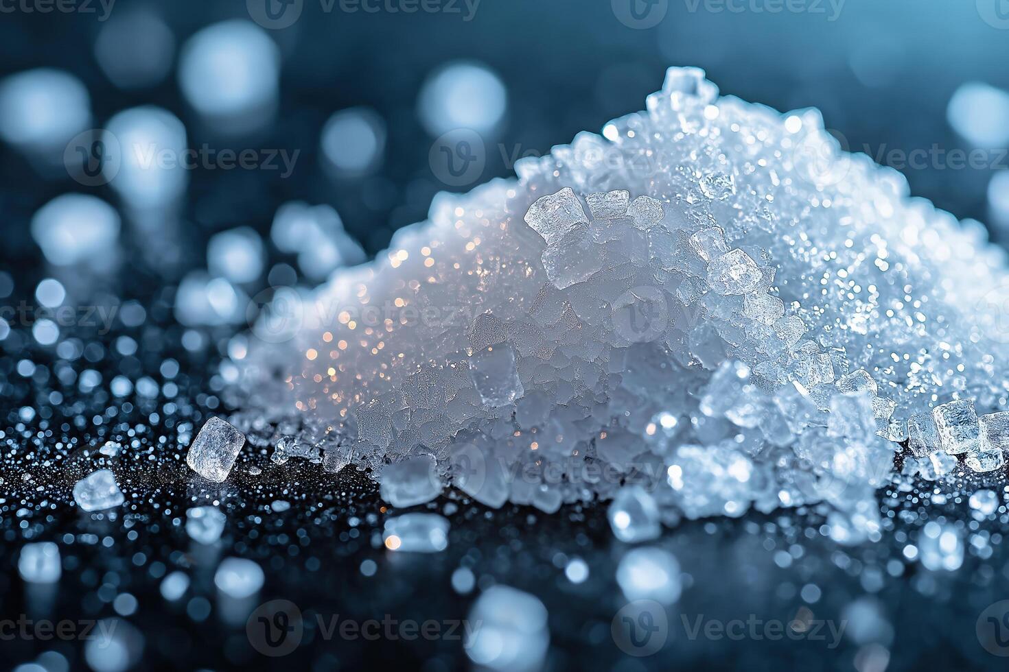 Pile of coarse sea salt crystals reflecting light on dark background photo