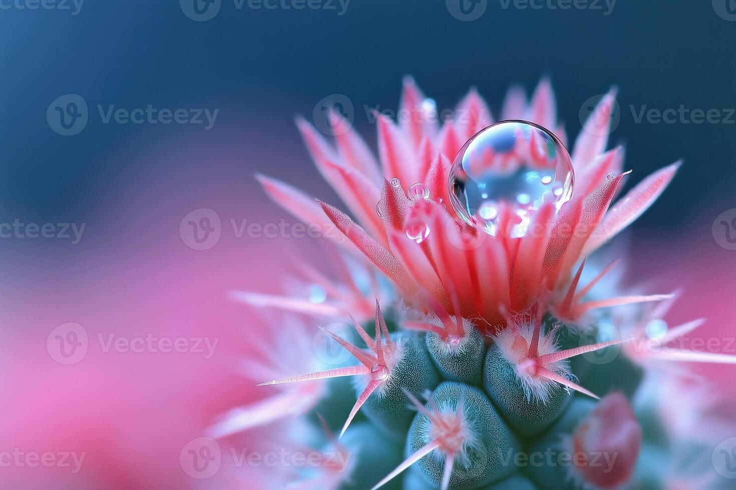 Big water droplet resting on blooming pink cactus flower photo