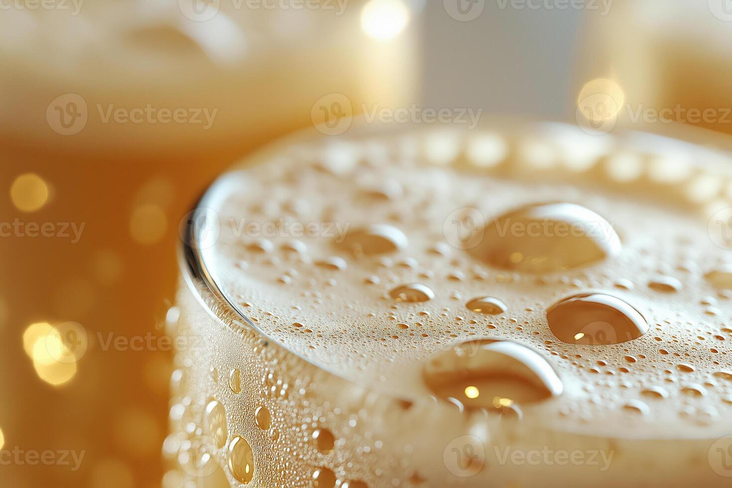 Close-up of refreshing beer foam with condensation and bokeh effect photo