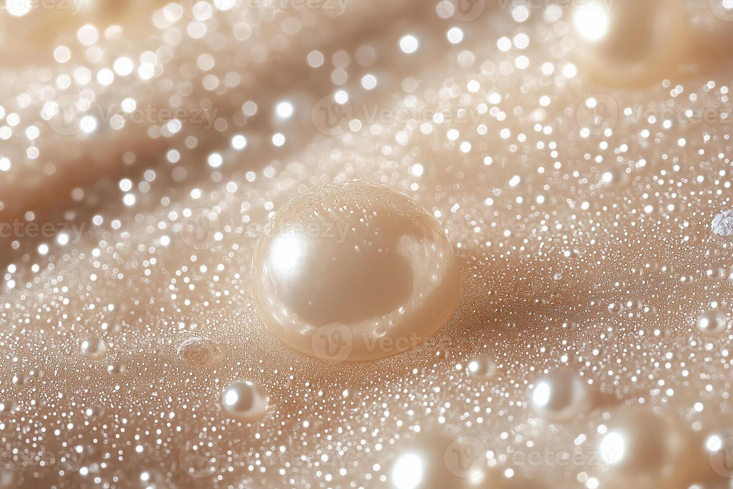 Big pearl resting on a sparkling surface with small pearls around photo
