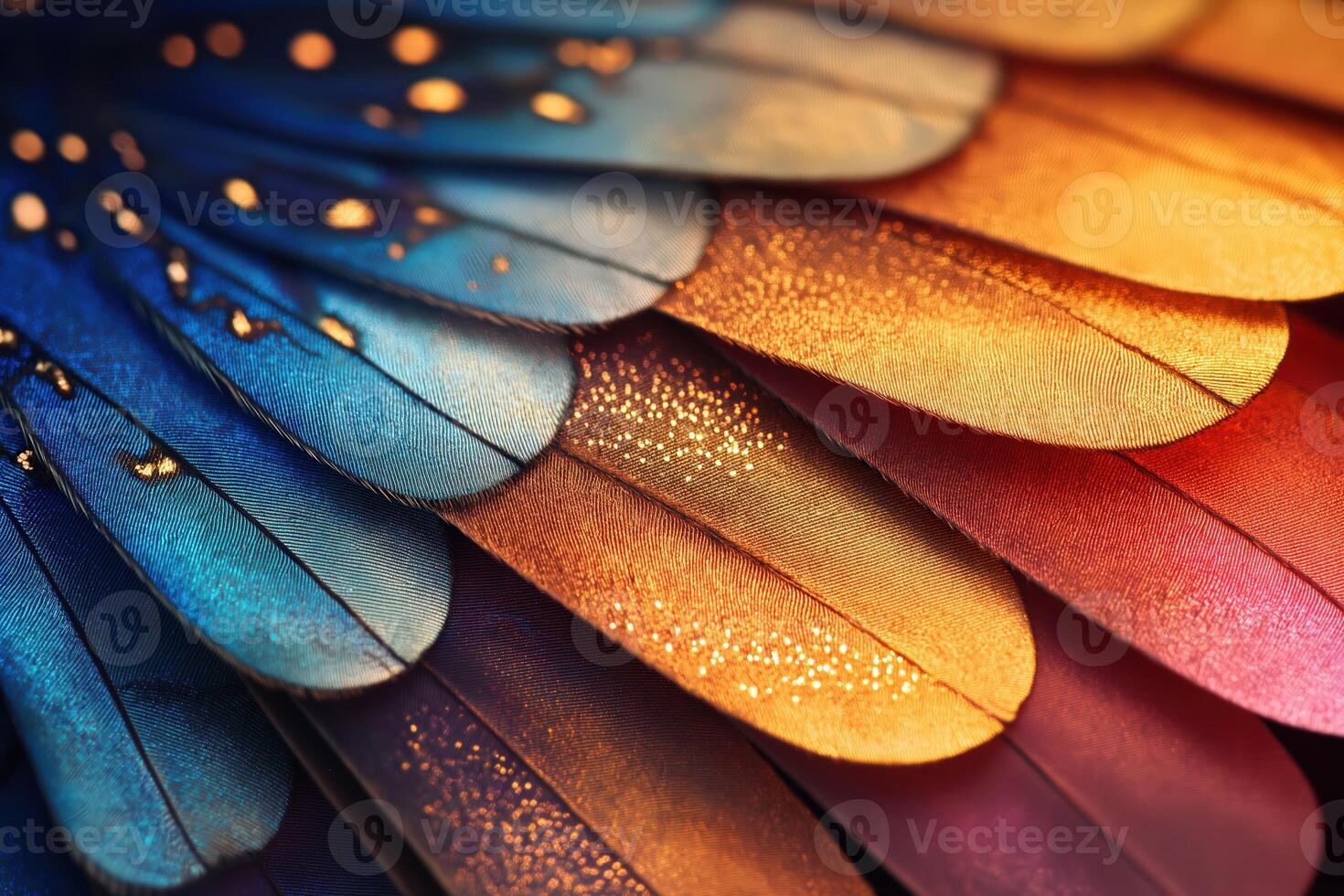 Colorful bird feathers creating a gradient effect with golden glitter photo