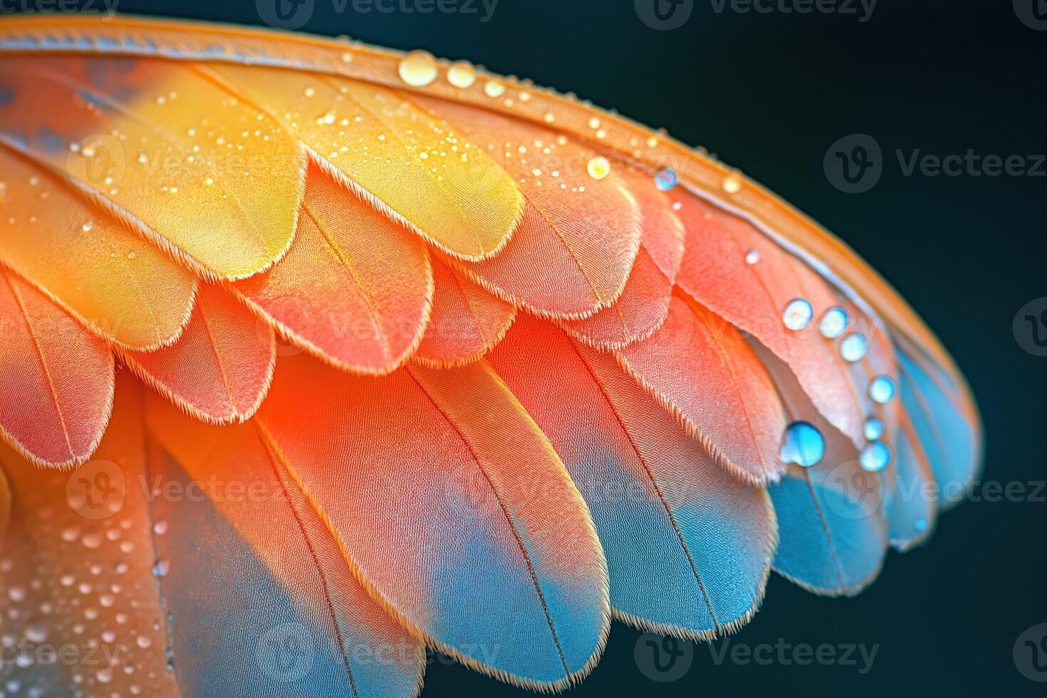 Vibrant bird feathers covered in dewdrops, a stunning display of nature's beauty photo