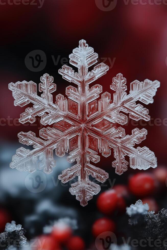 Close-up of snowflake crystal showing intricate structure and symmetry on red background photo