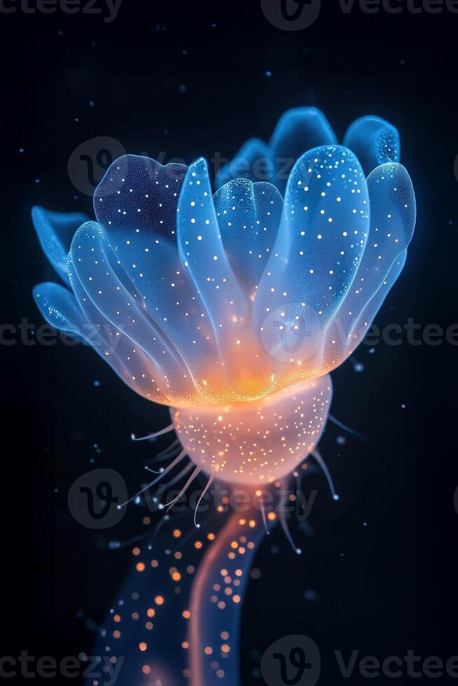 Glowing jellyfish floating in dark ocean depths showing bioluminescence photo
