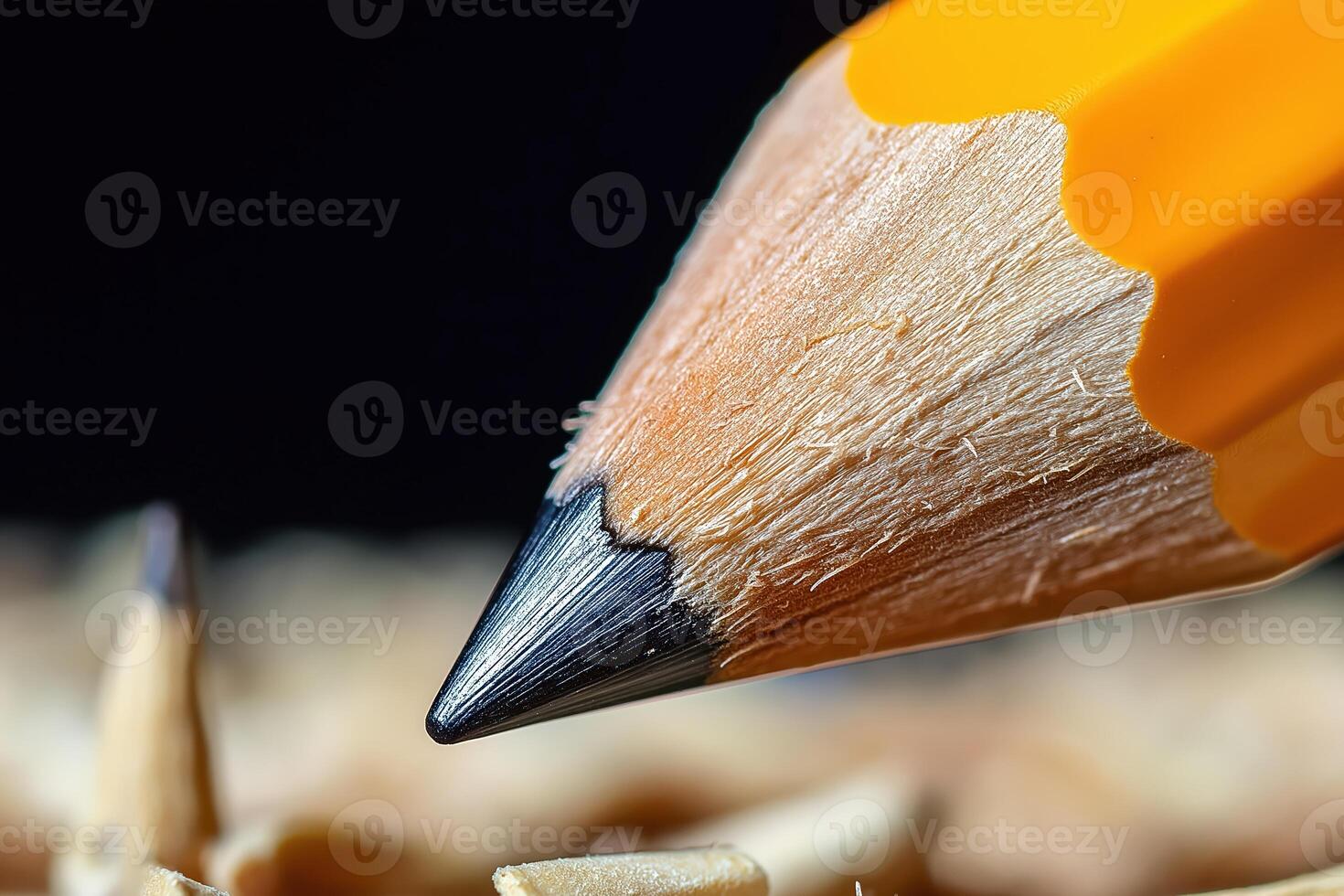 Sharpened pencil point hovering over pencil shavings - macro photography photo