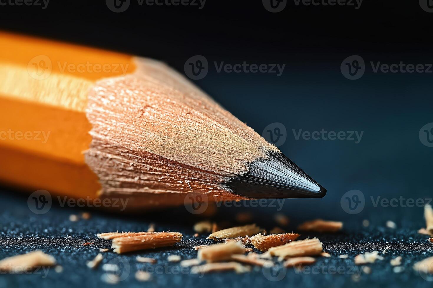 Sharpened pencil resting on dark surface with shavings photo